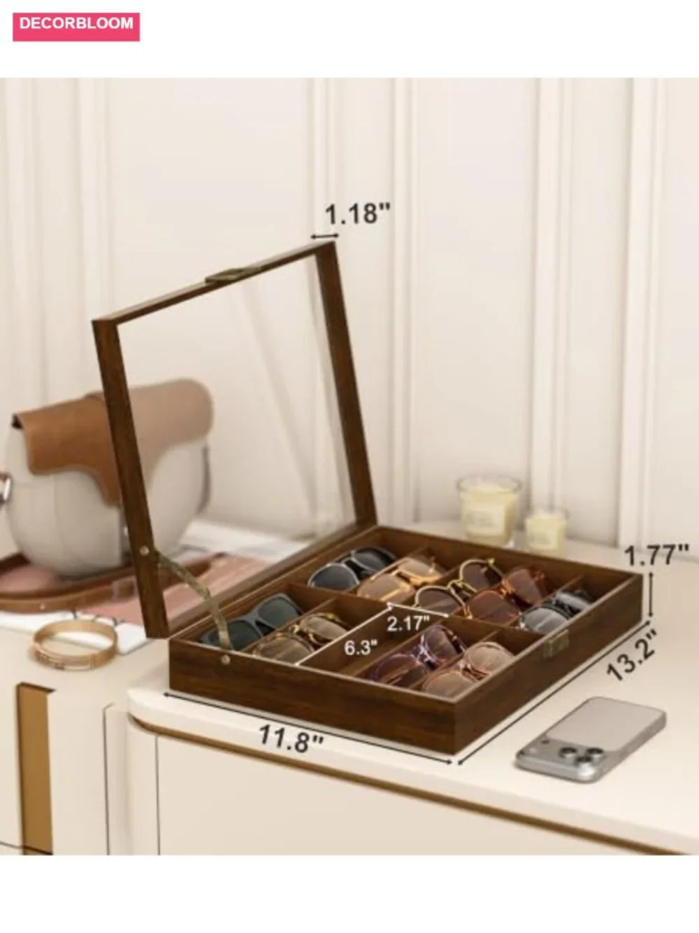 10-Slot Wooden Sunglass Organizer Case with Glass Top